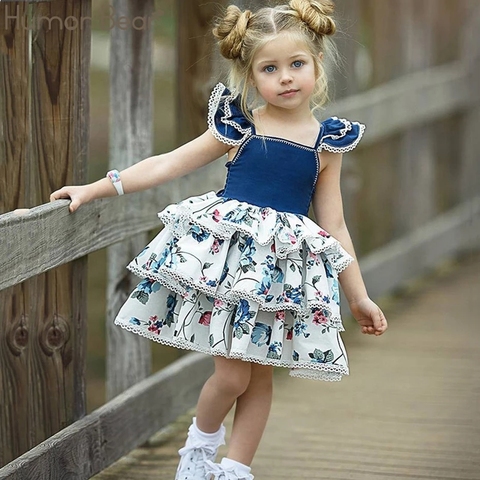 Humor Bear Summer Children Clothing Square Collar Dress Causal Infant Layered Dresses Baby Girls Clothes Frill print Dress ► Photo 1/6