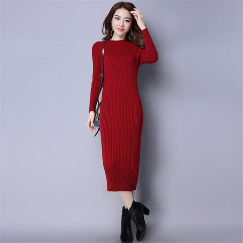 Autumn Women Bodycon Sheath Dress Sexy Red Ladies Knitted Sweater Dresses Cotton Long Sleeve 2022 Pure Casual Female Midi Dress ► Photo 1/6