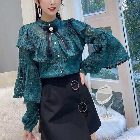 Ruffle Lace 2022 New Spring Blouse Shirts Women's Tops Long Sleeve Bow Vintage shirt Women's Elegant Top Fashion Shirt 559B ► Photo 1/6