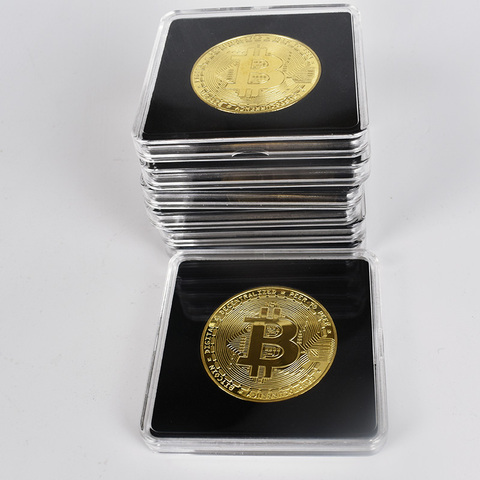 40mm Gold Bitcoin Coin with Acrylic Square Case Litecoin Eth XRP Cryptocurrency Metal coin ► Photo 1/6
