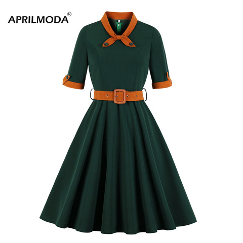 Dark Green Autumn Women 50s 60s Tunic Midi Dress Retro Vintage Robe Rockabilly Vestido Plus Size Casual Winter 1950s Short Jurk ► Photo 1/6
