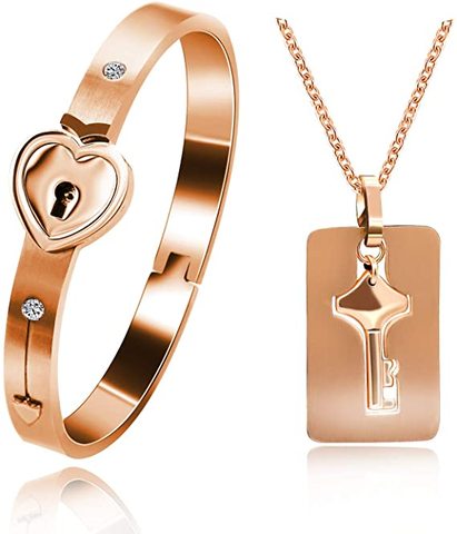 Matching Puzzle Couple Heart Lock Bracelet and Key Pendant Necklace for Men and Women 1 set ► Photo 1/6