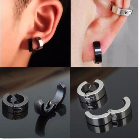 1 Pair Men's Stainless Steel Non-Piercing Earring Clip On Ear Stud Cuff  Earrings Men Black ER960