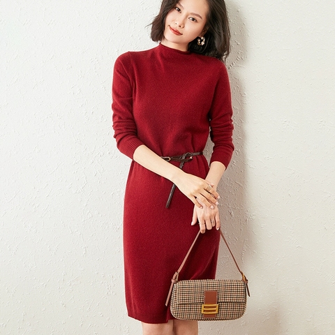 Winter New Arrival Women Dress 100% Goat Cashmere Knitted Dresses Ladies Oneck Plus Longer Jumpers Hot Sale Woman Dress ► Photo 1/6