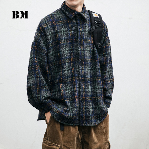 2022 Japanese Streetwear Thick Woolen Plaid Shirt High Quality Harajuku Casual Long Sleeve Coat Men Korean Couple Clothes ► Photo 1/5