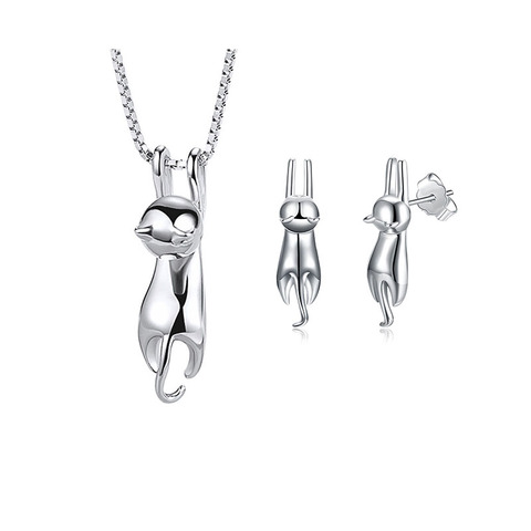 S925 Stamp Silver Color Elegant Cute Cat Jewelry Set Necklace And Earrings Wedding Bridal Jewelry Sets for Women ► Photo 1/6