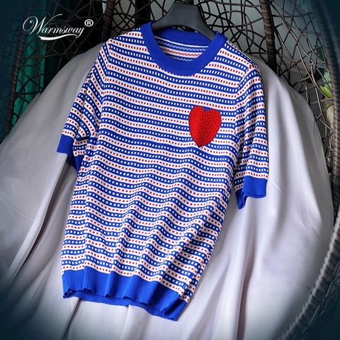 Luxury Designer Brand Knitted Top for Women O Neck Hot Drilling Red Love Striped Knitted T Shirts Black Blue B-090 ► Photo 1/6