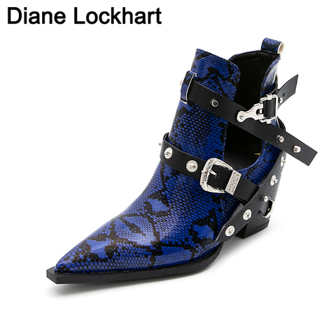 2022 Motorcycle Western Cowboy Boots Women Snake PU Leather Short Cossacks High Heels Cowgirl Booties Buckle Ankle botas Shoes ► Photo 1/6