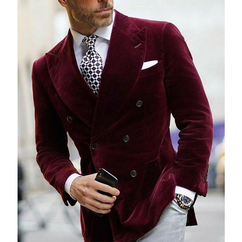 Burgundy Double Breasted Velvet Mens Blazer Elegant Single Coat Smoking Male Suit Dinner Jacket ► Photo 1/4