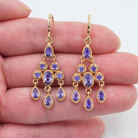 Fashion Jewelry Gold Color Royal Purple CZ Zircon Luxury Palace Chandelier Earrings for Women ► Photo 1/1