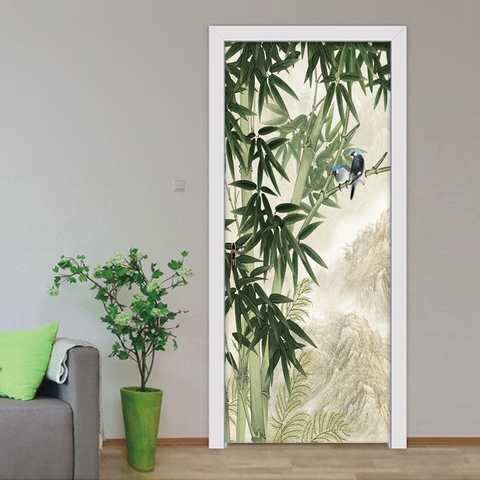 3D Door Sticker Mural Wallpaper Hand Painted Bamboo Forest Bird Picture Wall Decals Bedroom Living Room Door Stickers Home Decor ► Photo 1/6