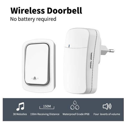 Wireless Doorbell US EU UK Plug Self-Powered Waterproof Door Bell 150M Long Wireless Distance 38 Songs Home Welcome Door Chimes ► Photo 1/6