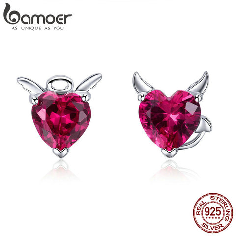 BAMOER Fashion 925 Sterling Silver Angel And Devil Pink CZ Heart Stud Earrings for Women Sterling Silver Jewelry 2022 SCE414 ► Photo 1/6