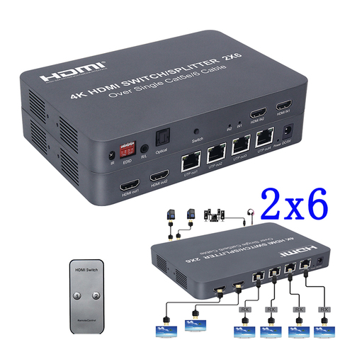 2x6 HDMI Switcher/Splitter Extender Optical SPDIF + 3.5mm jack Audio Extractor 4K@30HZ 100M By Ethernet RJ45 CAT5e CAT6 ► Photo 1/6