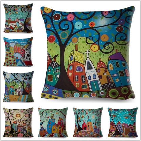 Retro Rural Color Cities Cushion Cover for Sofa Home Car Decor Colorful Cartoon House Pillow Case 45*45cm Tree Linen Pillowcase ► Photo 1/6
