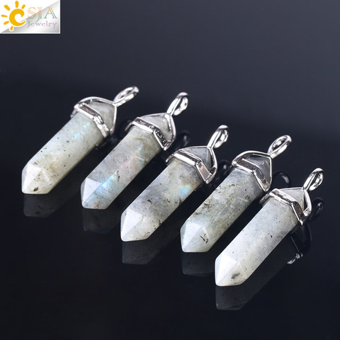 CSJA 1PC Labradorite Pendants Natural Crystal Stone Pendulum for Necklace Hexagonal Point Spectrolite Reiki Jewellery Gifts F395 ► Photo 1/6