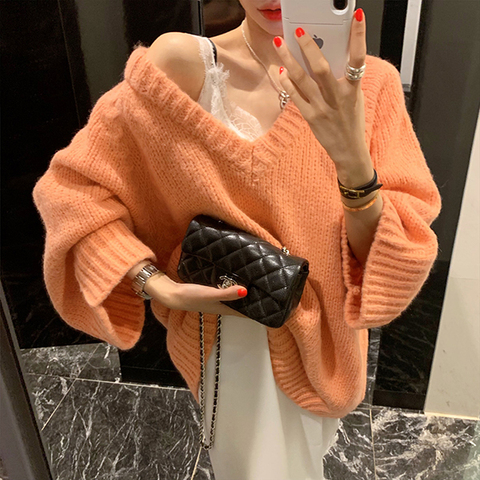 Fashion women sweater 2022 autumn and winter loose large size bat sleeves lazy V-neck sweater sweater women ► Photo 1/6