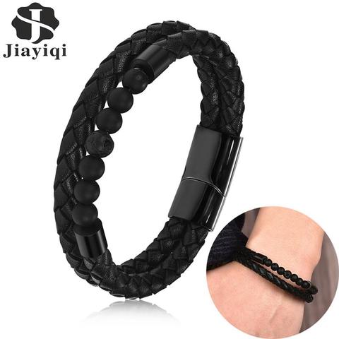 Natural Lava Stone Beaded Leather Bracelet Men Casual Jewelry Stainless Steel Magnetic Clasp Bangle Male 2022 New Recommend Gift ► Photo 1/6