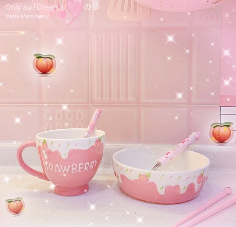 1Pc Kawaii Pink Strawberry  Pattern relief non-slip rice bowls soup bowls tableware restaurant dessert bowl ► Photo 1/5