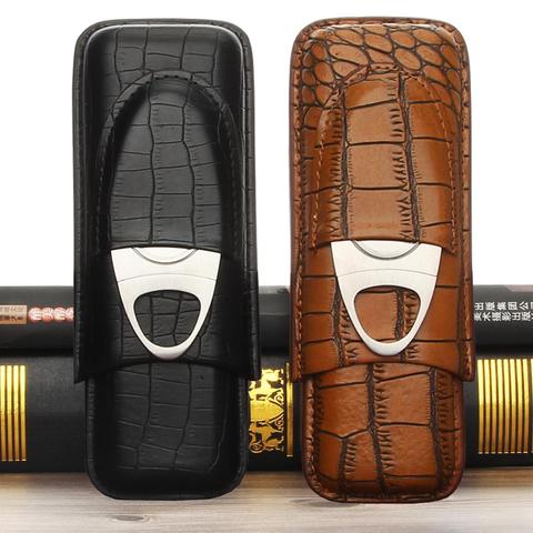 GALINER Leather Travel Cigar Case Portable 2 Tube Holder Humidor Cigars Accessories For Cohiba W/ Cigar Cutter & Gift Box ► Photo 1/6