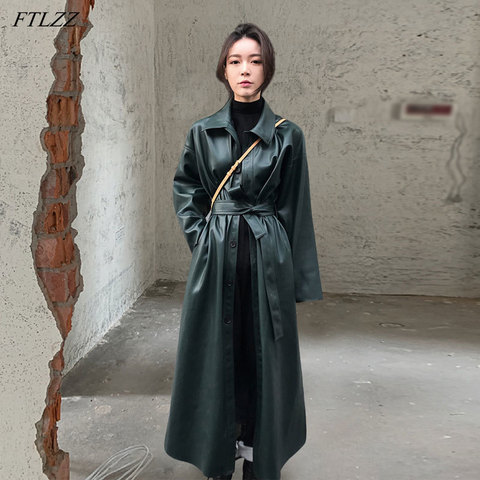 FTLZZ New Spring Women PU Leather Long Jacket Faux Leather Windbreaker Trench Coat Turn-down Collar Button Jacket with Belt ► Photo 1/6