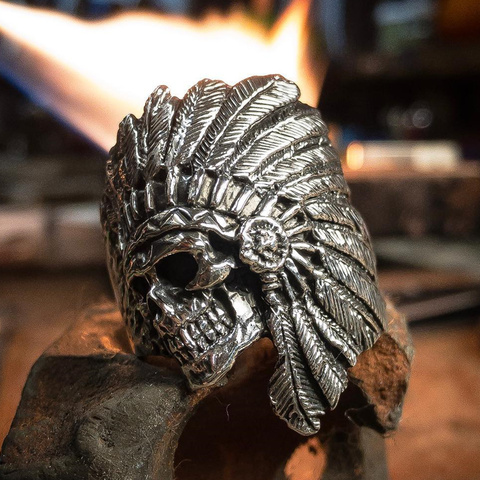 EYHIMD Vintage American Native Skull Ring Mens Tribe Warrior Stainless Steel Biker Rings Indian Jewelry ► Photo 1/4