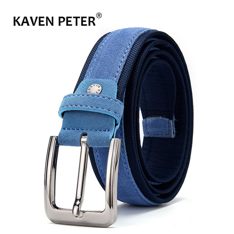 Men Suede Leather Belt With Oxford Fabric Strap Genuine Leather Luxury Pin Buckle Blue Belts For Men 3.5 cm and 4.0 cm Width ► Photo 1/6