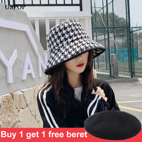 USPOP spring autumn hats women Black white plaid hats female tweed plaid bucket hats ► Photo 1/6