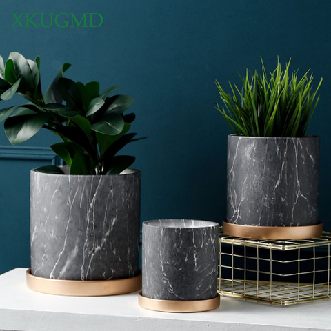 Marble Ceramic Flower Pot With Tray Straight Flowerpot Desktop Flower Arrangement Container Home Crafts Decoration ► Photo 1/6