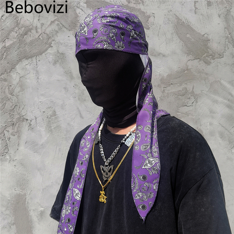 Satin Men Cashew Flowers Cap Hip Hop Du Doo Rag Durag Turban Streetwear Bandana Headwear Long Hat Tie Down Tail Hair Accessories ► Photo 1/6