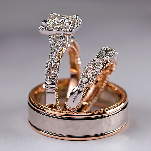 Huitan Luxury Princess Cut Cubic Zircon Bridal Marriage Rings 3Pc/Set Elegant Accessories Brilliant Women Wedding Trendy Jewelry ► Photo 1/6