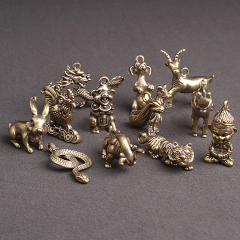 Vintage solid Brass handmade craft Zodiac animal DIY Fitting Miniature ornament Keychain Pendant decoration accessories a3023 ► Photo 1/6