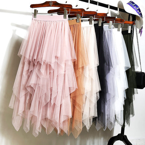 High Waist Long Tulle Skirt Women Irregular Hem Mesh Tutu Skirt Elastic Waist Band A-line Colored Mesh Pleated Mid-calf Skirts ► Photo 1/6