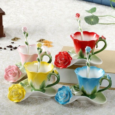 Best 3D Rose Shape Flower Enamel Ceramic Coffee Tea Cup and Saucer Spoon High-grade Porcelain Cup Creative Valentine Gift Design ► Photo 1/1