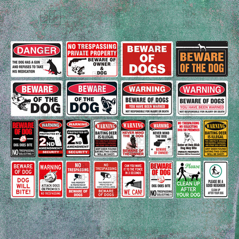 WARNING BEWARE THE DOG Retro Metal Warning Sign Outdoor Farm Trunk Hanging Sign Metal Plate Garage Wall Hanging Paste Metal Sign ► Photo 1/6