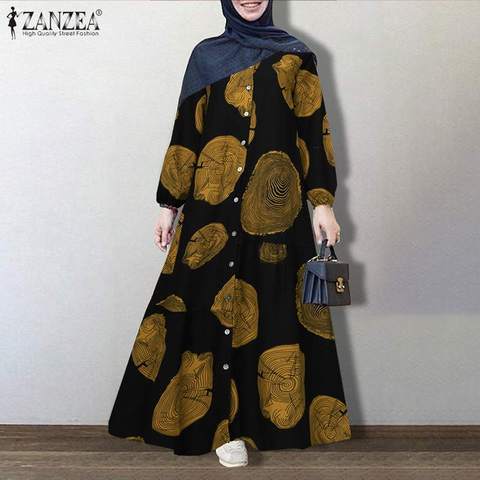 ZANZEA Vintage baskılı Sundress Retro kadınlar Dubai Abaya türkiye başörtüsü elbise sonbahar uzun kollu Kaftan gevşek Maxi uzun Vestido 7 ► Photo 1/6