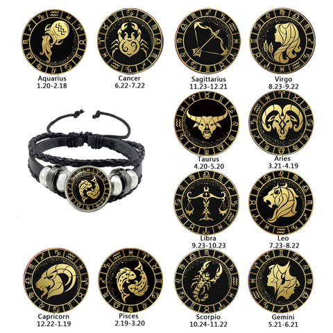 12 Constellation Bracelet Scorpio Sagittarius Capricorn Aquarius Black Rope Leather Button Bracelet Zodiac Jewelry For Gift ► Photo 1/6