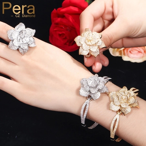 Pera Luxurious Bridal Wedding Dubai Yellow Gold African AAA+ Cubic Zirconia Big Flower Shape Bangle Sets for Women Jewelry Z040 ► Photo 1/6