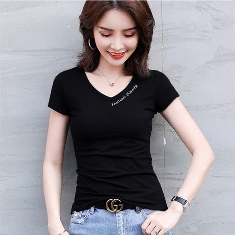 Fashion Summer Top 2022 Women V Neck T Shirt Slim Fit Stretch Cotton T-Shirt Chic Short Sleeve Tees Bottom Shirt Plus Size 3XL ► Photo 1/5