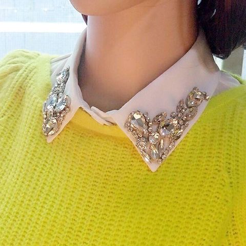 Ladies Women Water Drop Imitation Crystal Chiffon Fake Collars Jewelry Rhinestone Lapel Detachable Button Down Half-Shirt Blouse ► Photo 1/5