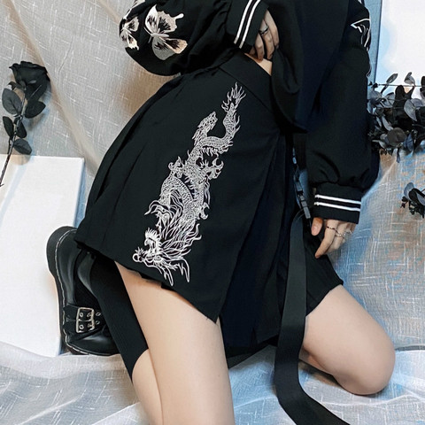 Ruibbit New Women Black Harajuku Dragon Pattern Retro Embroidery Irregular Pleated Skirt summer Fashion Button A-line Mini Skirt ► Photo 1/6