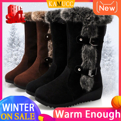 Women Winter Boots Flock Winter Shoes Ladies Fashion Snow Boots Shoes Thigh High Suede Mid-Calf Boots ► Photo 1/6