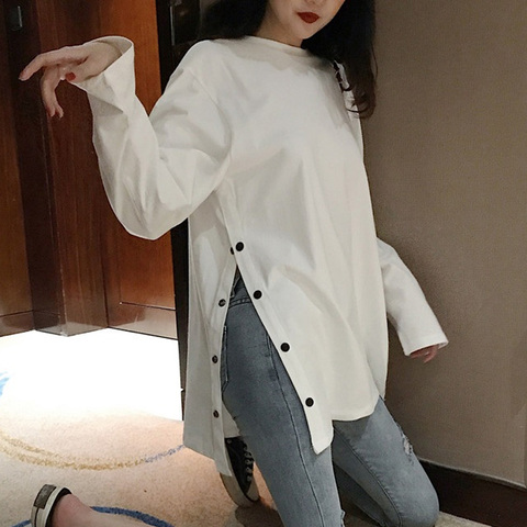 spring Split Side Button White black Long Tshirt O-Neck Women shirts autumn Arrival Vogue Harajuku solid Loose T shirt tops ► Photo 1/5