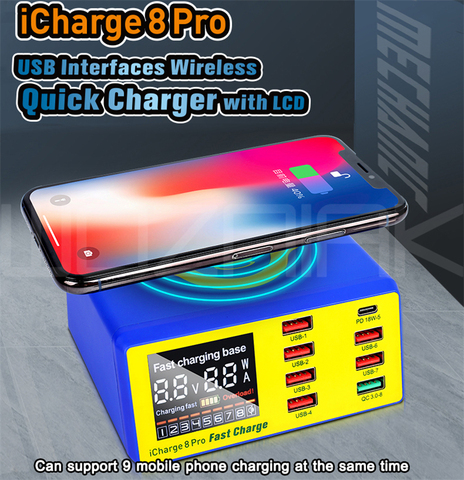 MECHANIC 8 Port USB smart charge support QC 3.0 Wireless charge Wireless charging with LCD display for Mobile phone charging ► Photo 1/6