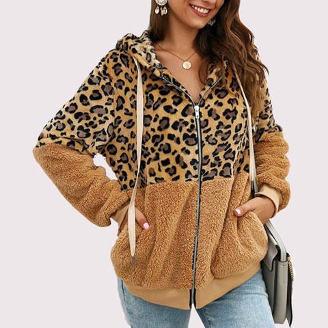 Women Autumn Winter Jackets Leopard Style Print Color Block Patchwork Female Jacket Zip Hooded Outwear Coat veste femme manteau ► Photo 1/6