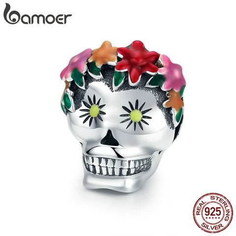 BAMOER Halloween Collection 925 Sterling Silver Flower Skull Charms Colorful Enamel Beads fit Women Bracelets DIY Jewelry SCC888 ► Photo 1/6