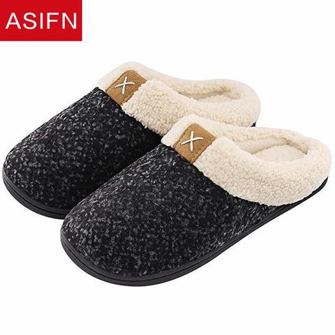 ASIFN Home Winter Slippers Cozy Memory Foam Fur Slippers Men Warm Winter Male Shoes Indoor Women Fur Basic Non-Slip Sepatu Pria ► Photo 1/6