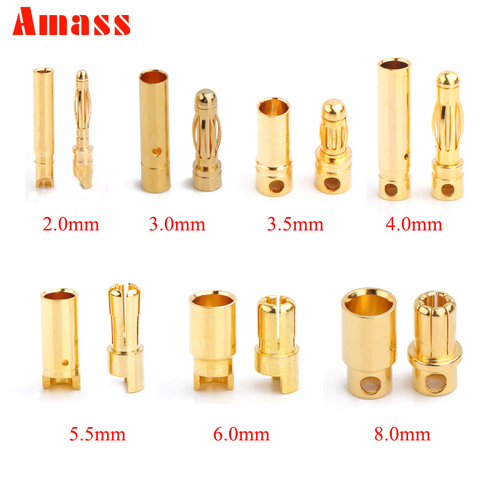 10pcs Amass 2.0mm 3.0mm 3.5mm 4.0mm 5.5mm Gold Bullet Banana Connector 6.0mm 8.0mm plug for RC Battery 5pairs ► Photo 1/6