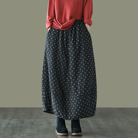 NINI WONDERLAND 2022 Autumn Winter Print Cotton Skirt Women Elastic Waist Thick Warm Long Skirts Female Loose Vintage Skirt ► Photo 1/5