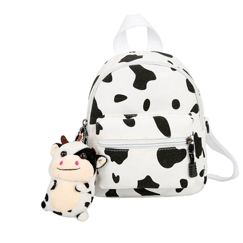 Mini Canvas Daypack with Plush Pendant Cow Print Backpack for Women Lady Girls Q1QA ► Photo 1/6